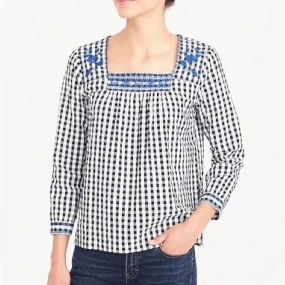 J. Crew Embroidered Peasant Top Small Gingham 100% Cotton G7572